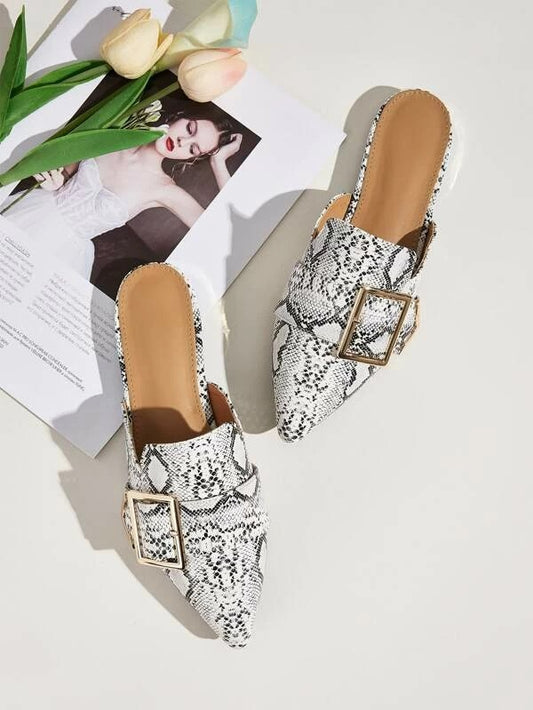 CM-SHS018707 Women Casual Seoul Style Buckle Decor Snakeskin Loafers Mules
