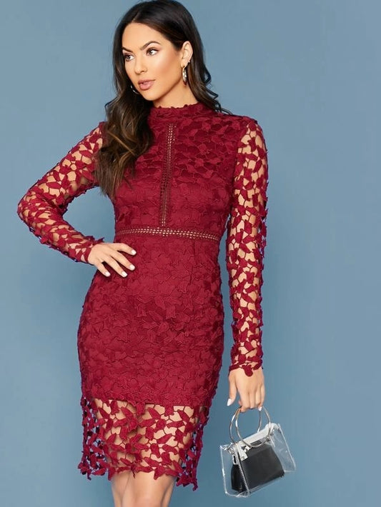 CM-DS923093 Women Elegant Seoul Style Long Sleeve Cutout Back Split Hem Lace Dress - Wine Red