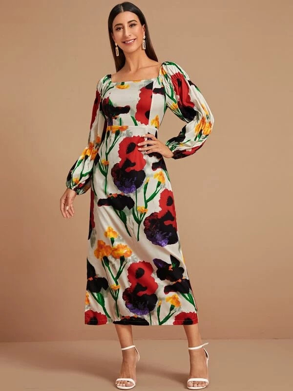 CM-DS021981 Women Casual Seoul Style Square Neck Bishop Sleeve Floral A-Line Dress