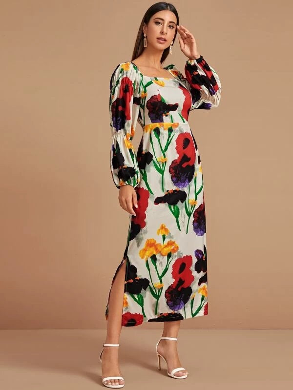 CM-DS021981 Women Casual Seoul Style Square Neck Bishop Sleeve Floral A-Line Dress
