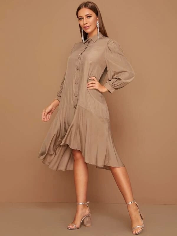 CM-DS021531 Women Casual Seoul Style Long Sleeve Button Front Ruffle Hem Shirt Dress - Khaki
