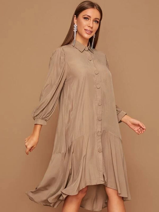 CM-DS021531 Women Casual Seoul Style Long Sleeve Button Front Ruffle Hem Shirt Dress - Khaki