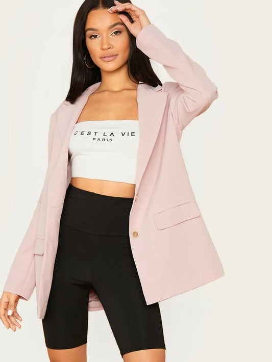 CM-CS923046 Women Elegant Seoul Style Notch Collar Flap Pocket Front Single Breasted Blazer - Pink