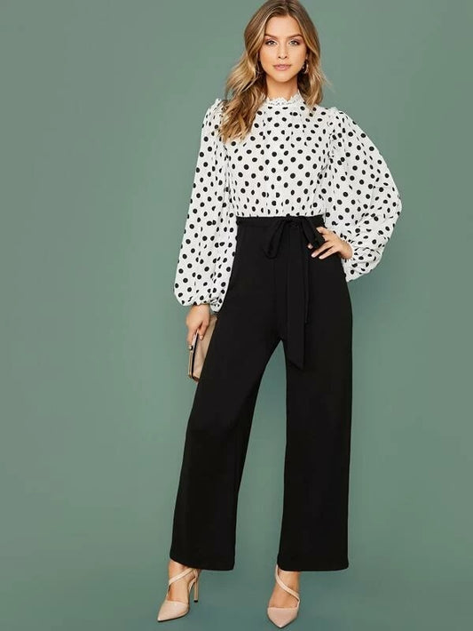 CM-JS925186 Women Elegant Seoul Style Lace Trim Neck Lantern Sleeve Pleated Jumpsuit