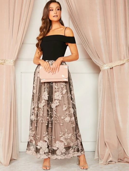 CM-DS903529 Women Elegant Seoul Style Cold Shoulder Floral Embroidery Mesh Combo Dress