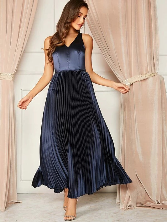 CM-DS926532 Women Elegant European Style V-Neck Tied Backless Pleated Satin Dress - Navy Blue