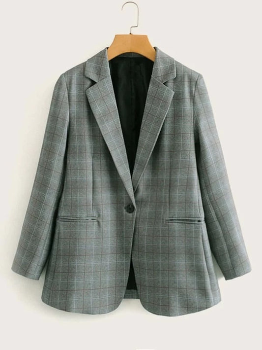 CM-CS022450 Women Elegant Seoul Style Long Sleeve Single Button Dual Pockets Plaid Blazer - Gray