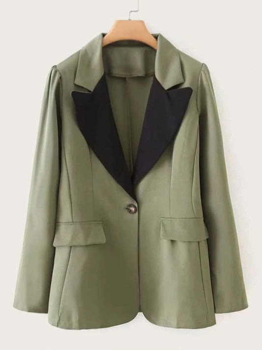 CM-CS022825 Women Elegant Seoul Style Long Sleeve Contrast Neckline Single Button Blazer - Army Green