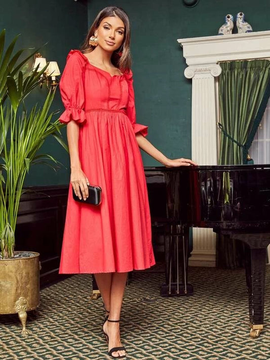 CM-DS918389 Women Elegant Seoul Style Sweetheart Lace Trim Ruffle Cuff Puff Sleeve Dress - Red