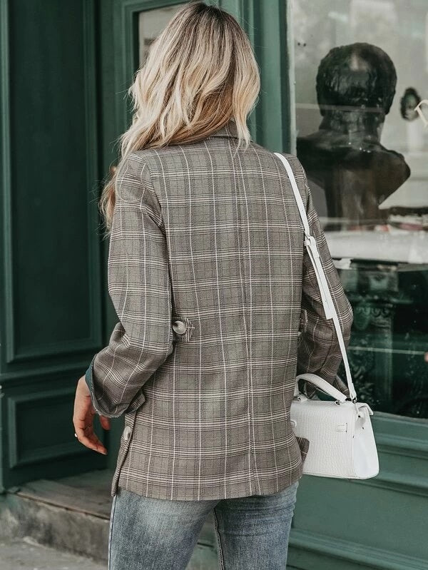 CM-CS022163 Women Elegant European Style Long Sleeve Plaid Double Button Blazer - Gray