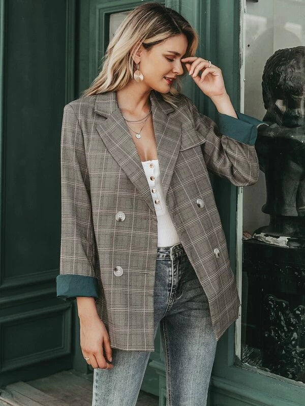 CM-CS022163 Women Elegant European Style Long Sleeve Plaid Double Button Blazer - Gray