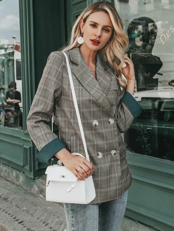 CM-CS022163 Women Elegant European Style Long Sleeve Plaid Double Button Blazer - Gray