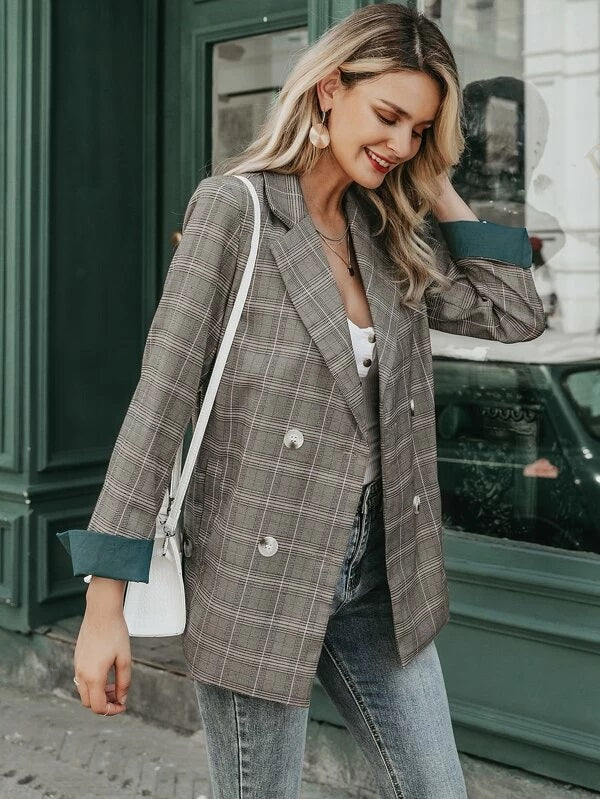 CM-CS022163 Women Elegant European Style Long Sleeve Plaid Double Button Blazer - Gray