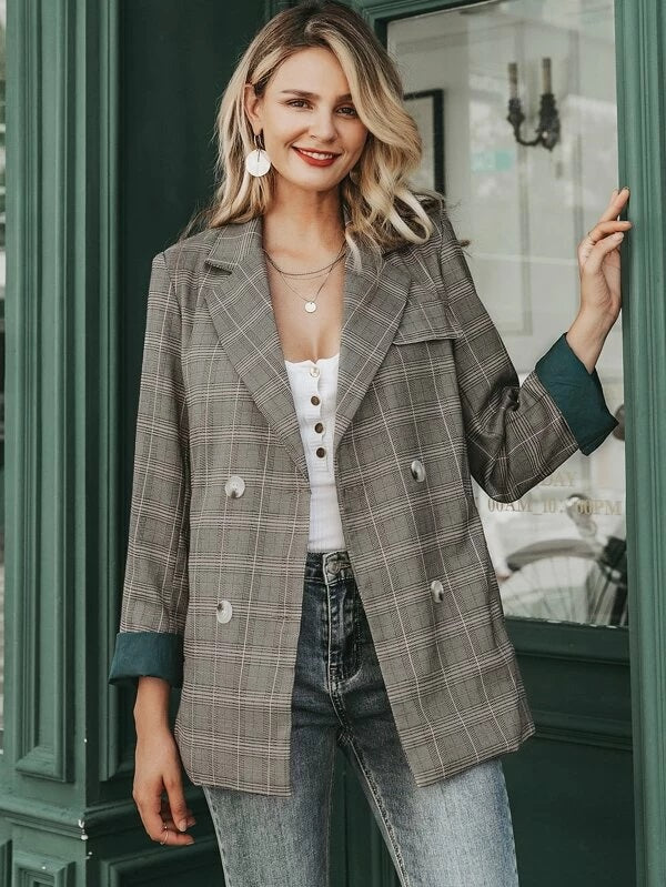 CM-CS022163 Women Elegant European Style Long Sleeve Plaid Double Button Blazer - Gray