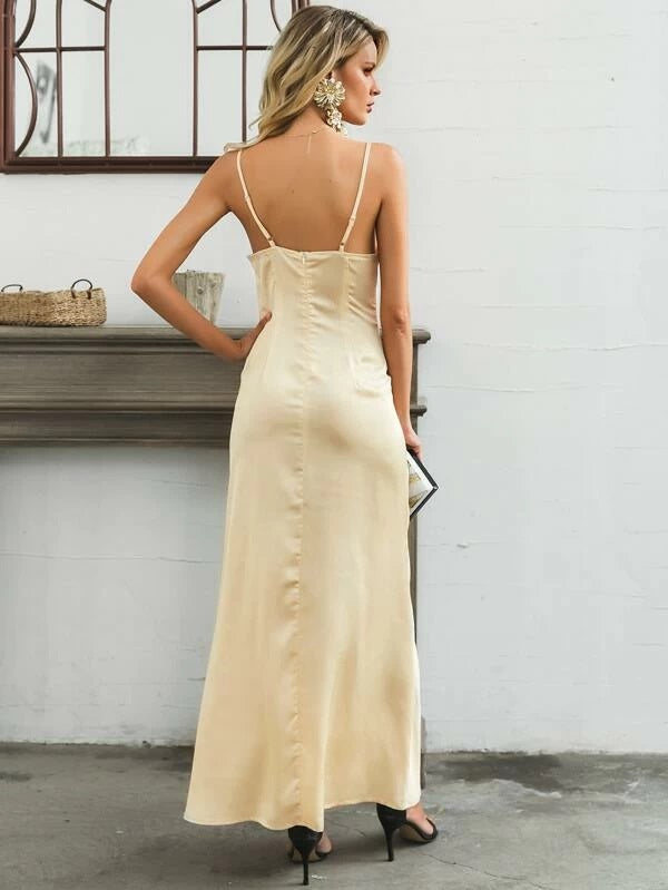 CM-DS022611 Women Elegant Seoul Style Cowl Neck Backless Cami Satin Long Dress - Beige