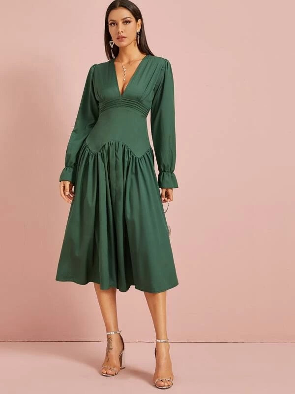 CM-DS023295 Women Elegant Seoul Style Long Sleeve Deep V-Neck Flare Hem Dress - Green