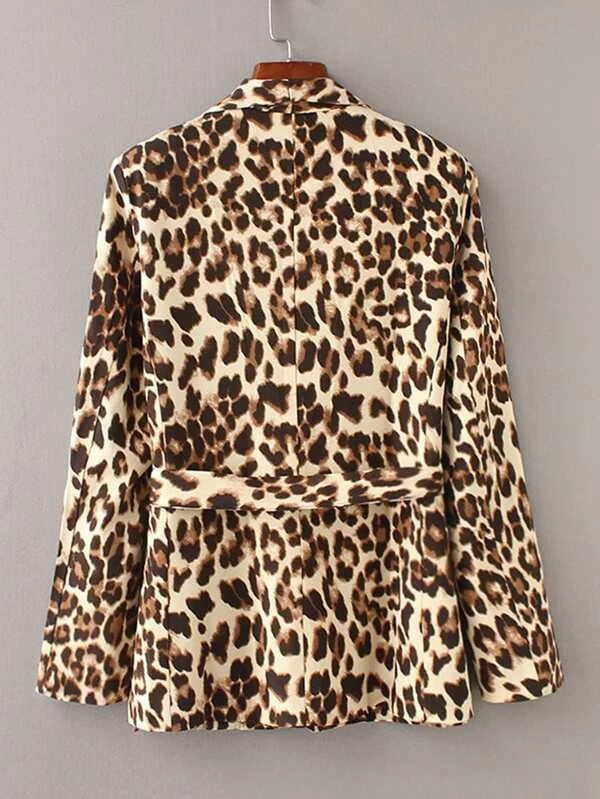 CM-CS023669 Women Elegant European Style Shawl Collar Leopard Graphic Belted Blazer