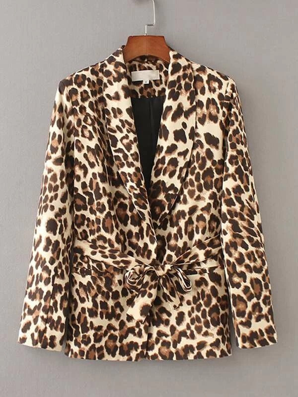 CM-CS023669 Women Elegant European Style Shawl Collar Leopard Graphic Belted Blazer