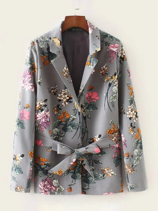 CM-CS023697 Women Elegant European Style Lapel Collar Floral Graphic Belted Blazer - Gray
