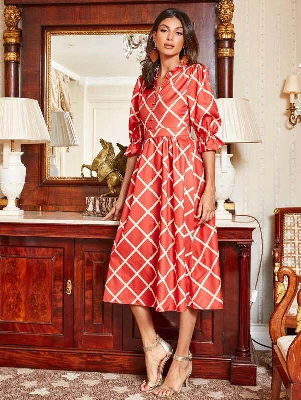 CM-DS920989 Women Elegant European Style 3/4 Sleeve Ruffle Trim Button Plaid Print Dress - Red
