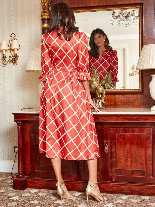 CM-DS920989 Women Elegant European Style 3/4 Sleeve Ruffle Trim Button Plaid Print Dress - Red