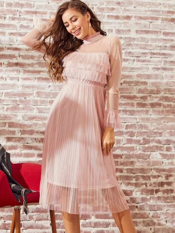 CM-DS023877 Women Elegant Seoul Style Frilled Neckline Pleated Sheer Mesh Dress - Pink