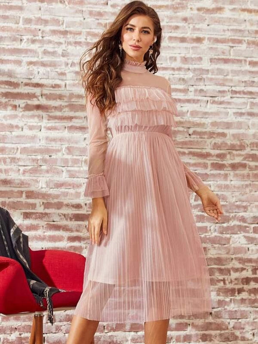 CM-DS023877 Women Elegant Seoul Style Frilled Neckline Pleated Sheer Mesh Dress - Pink