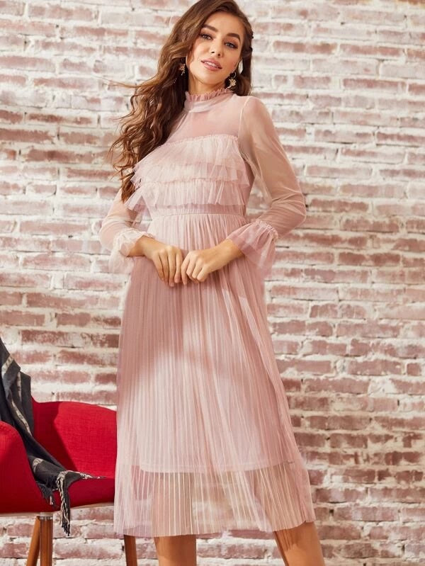 CM-DS023877 Women Elegant Seoul Style Frilled Neckline Pleated Sheer Mesh Dress - Pink