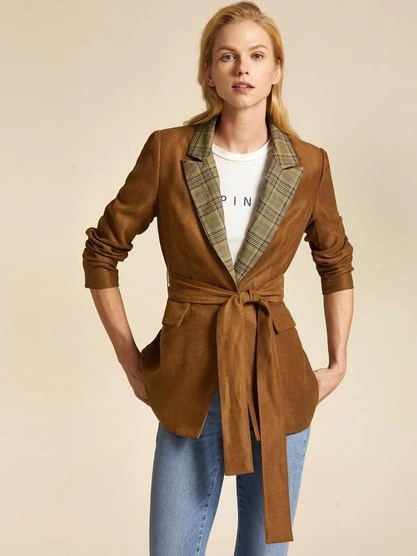 CM-CS918691 Women Elegant European Style Long Sleeve Plaid Peak Collar Belted Blazer - Brown