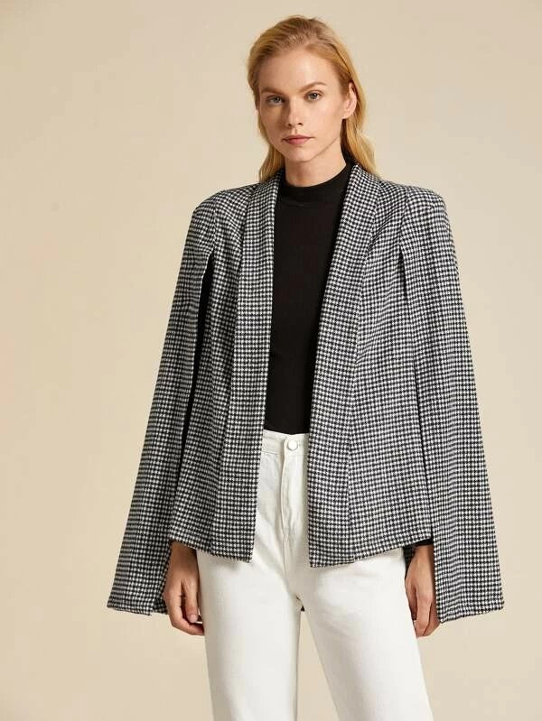 CM-CS923987 Women Elegant European Style Shawl Collar Houndstooth Cape Blazer - Black