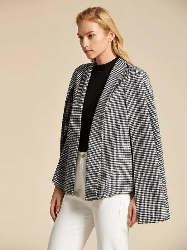 CM-CS923987 Women Elegant European Style Shawl Collar Houndstooth Cape Blazer - Black