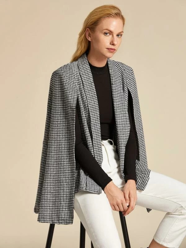 CM-CS923987 Women Elegant European Style Shawl Collar Houndstooth Cape Blazer - Black