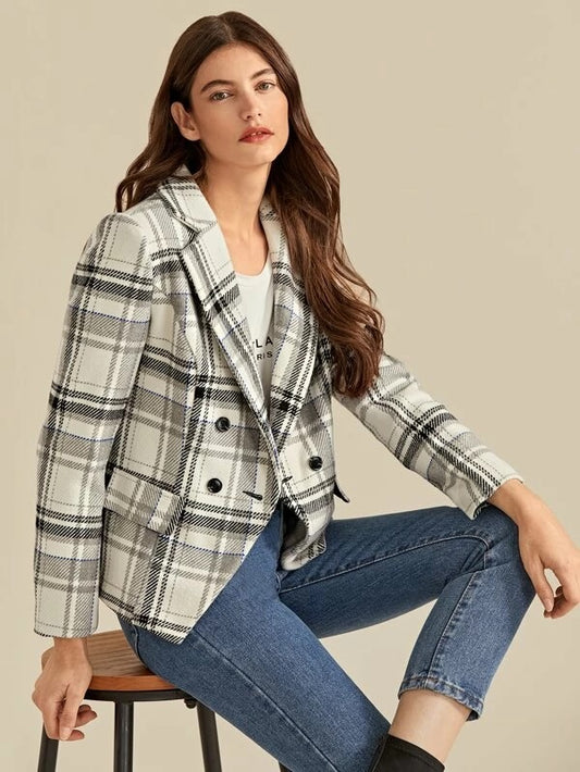 CM-CS007774 Women Elegant European Style Long Sleeve Buttoned Notched Collar Plaid Blazer
