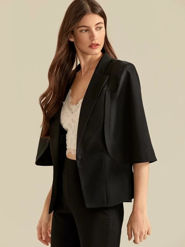 CM-CS008013 Women Elegant Seoul Style Peak Collar Cape Sleeve Solid Blazer - Black