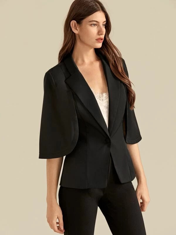 CM-CS008013 Women Elegant Seoul Style Peak Collar Cape Sleeve Solid Blazer - Black