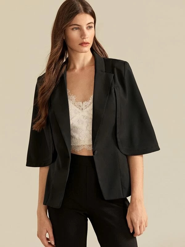 CM-CS008013 Women Elegant Seoul Style Peak Collar Cape Sleeve Solid Blazer - Black