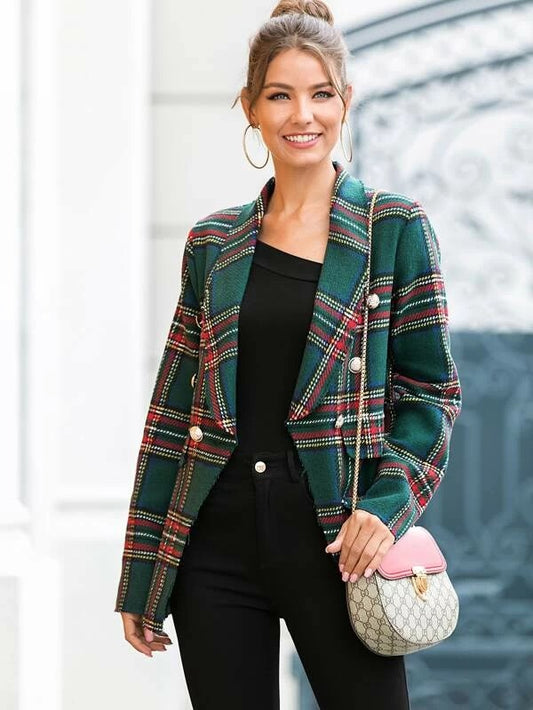 CM-CS022544 Women Elegant European Style Long Sleeve Tweed Shawl Collar Tartan Blazer - Green