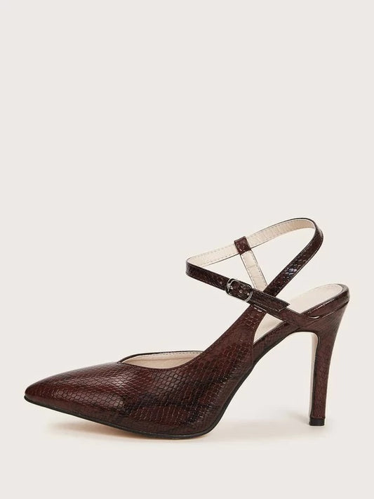 CM-SHS024227 Women Elegant Seoul Style Point Toe Snakeskin Stiletto Heels - Brown