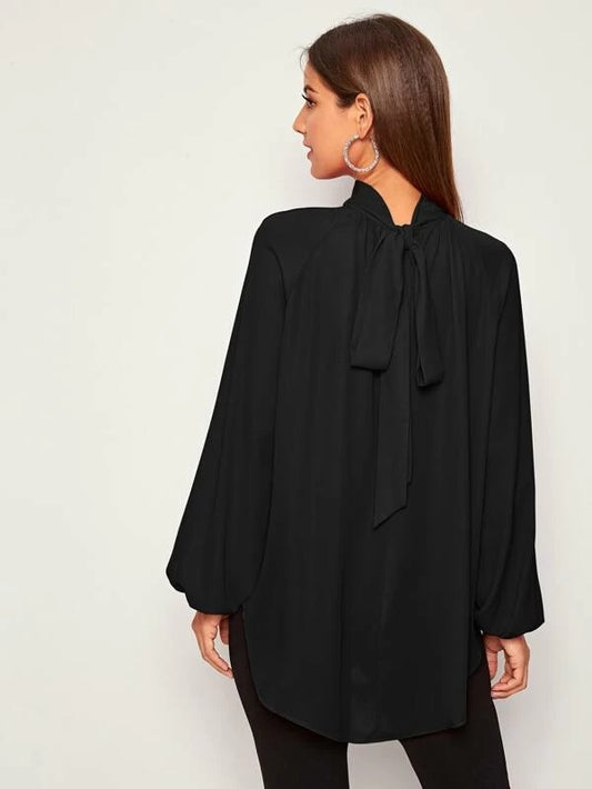 CM-TS015923 Women Casual Seoul Style Tie Back Raglan Sleeve Dip Hem Top - Black