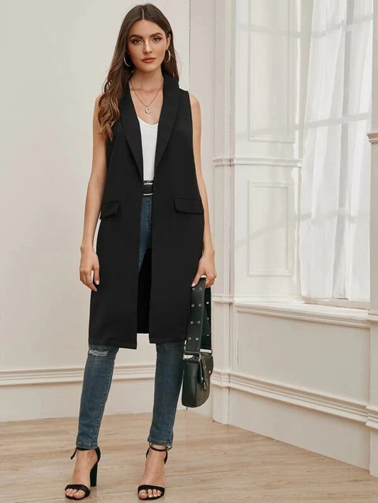 CM-CS930948 Women Casual Seoul Style Sleeveless Shawl Collar Longline Vest Blazer - Black