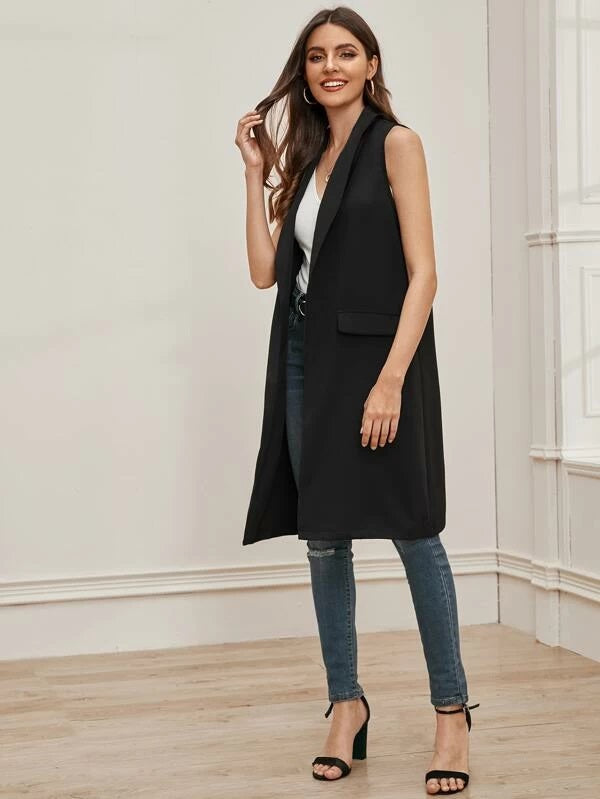 CM-CS930948 Women Casual Seoul Style Sleeveless Shawl Collar Longline Vest Blazer - Black