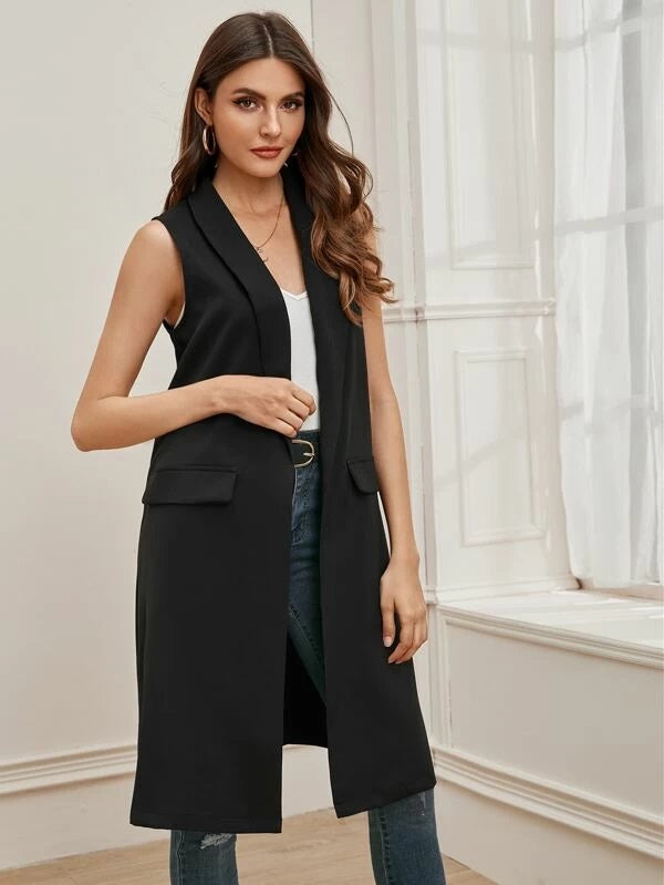 CM-CS930948 Women Casual Seoul Style Sleeveless Shawl Collar Longline Vest Blazer - Black