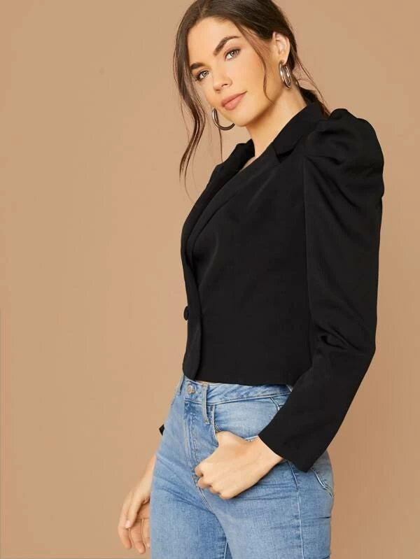 CM-CS010252 Women Casual Seoul Style Notched Collar Puff Sleeve Blazer - Black