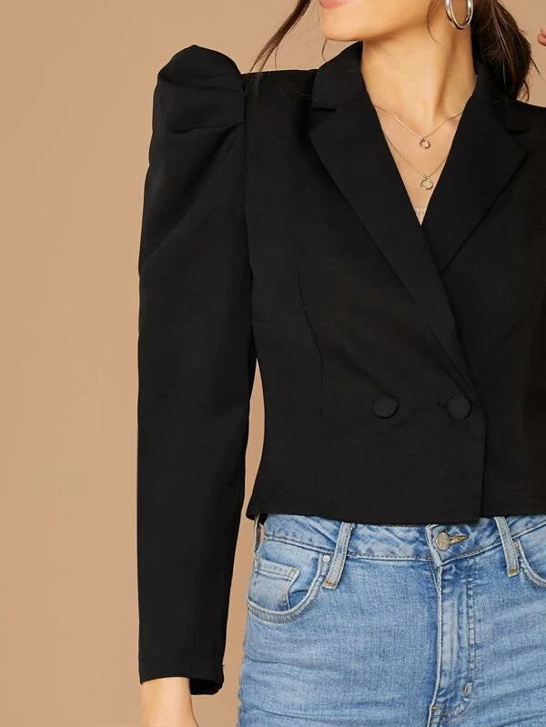 CM-CS010252 Women Casual Seoul Style Notched Collar Puff Sleeve Blazer - Black