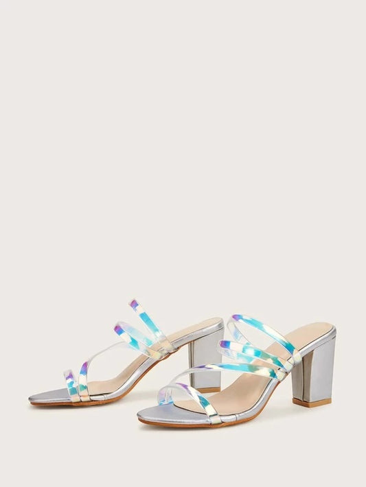 CM-SHS025648 Women Casual Seoul Style Holographic Strappy Chunky Heeled Mules