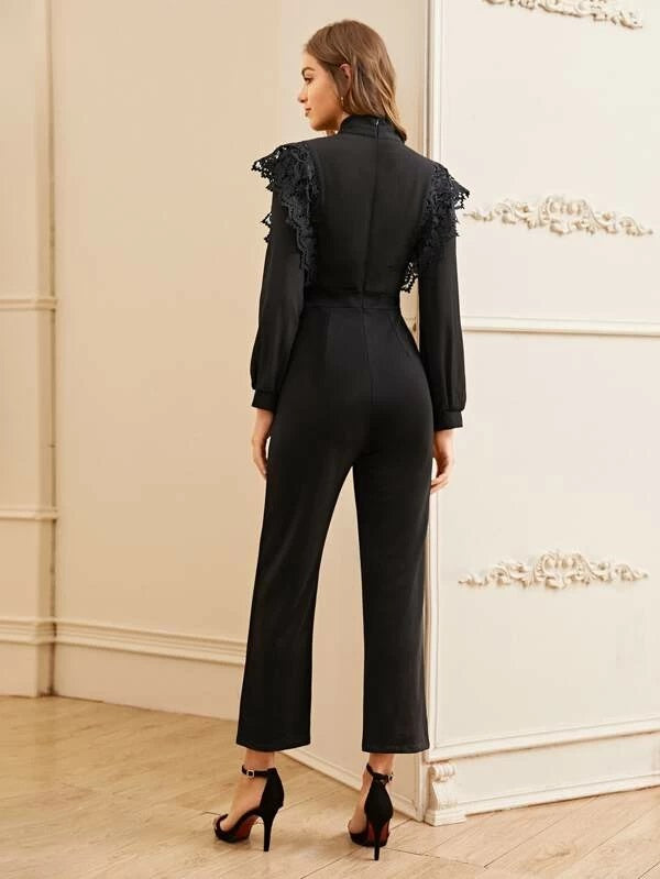 CM-JS028426 Women Trendy Seoul Style Tie Neck Long Sleeve Lace Zip Back Jumpsuit - Black