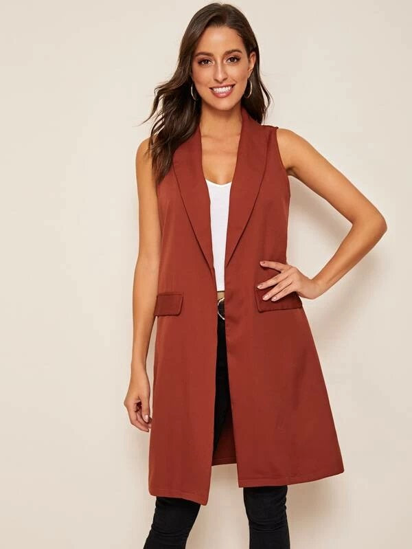 CM-CS930358 Women Casual Seoul Style Sleeveless Shawl Collar Longline Vest Blazer - Red