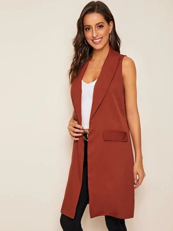 CM-CS930358 Women Casual Seoul Style Sleeveless Shawl Collar Longline Vest Blazer - Red