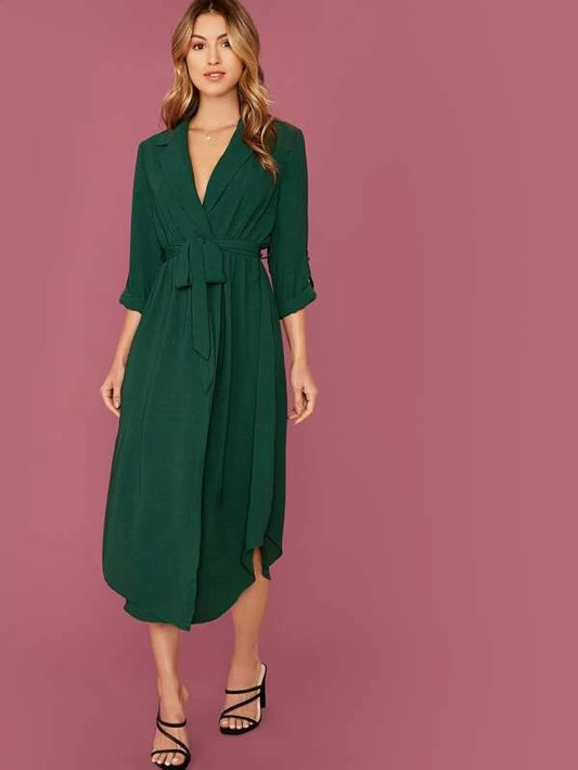 CM-DS923998 Women Trendy Seoul Style Roll Tab Sleeve Curved Hem Belted Shirt Dress - Green