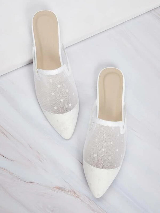 CM-SHS028150 Women Casual Seoul Style Contrast Mesh Point Toe Flat Mules - White
